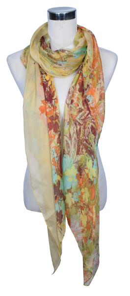 Scarf 100% Silk Chiffon Festive Colorful Tree Leaves Gold Yellow Braun Green